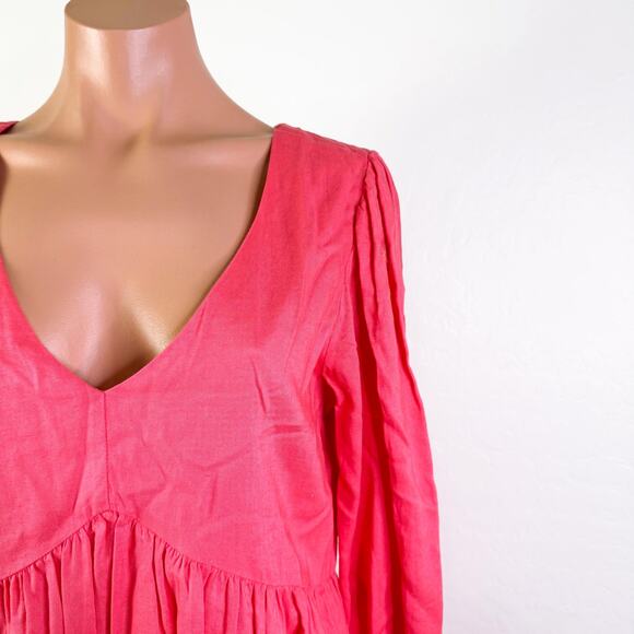 Every 3/4  Sleeve V-Neck Linen Blend Mini Dress Pink Barbiecore Summer Sz S NWT - Picture 3 of 8